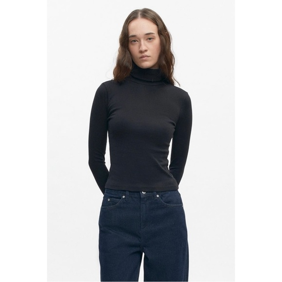 Kotn Size XS Black Micro-Rib 100% Egyptian Cotton Fitted Turtleneck Tee - Picture 7 of 7